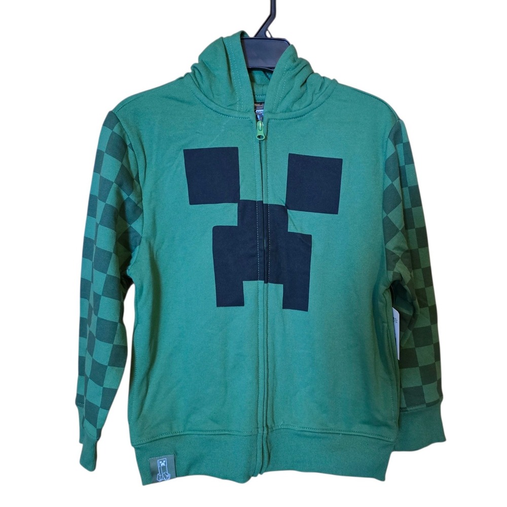 Minecraft Boys Creeper Zip Up Hoodie Green‎ Checkered Sleeves Size M 8 NWT